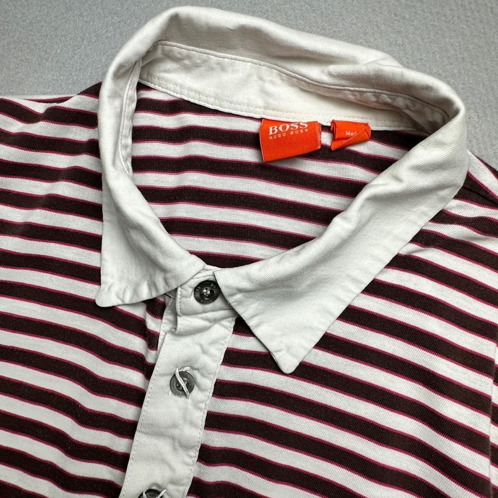Hugo Boss Polo Shirt Mens L Burgundy White Striped Orange Label Short Sleeve